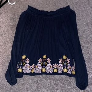 Long Sleeve Navy Off the Shoulder Blouse